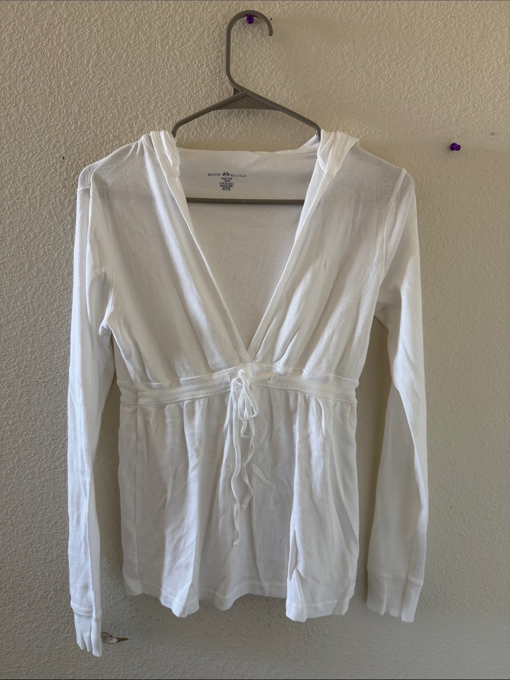 Brandy melville White Long Sleeve Hooded Drawstring Top